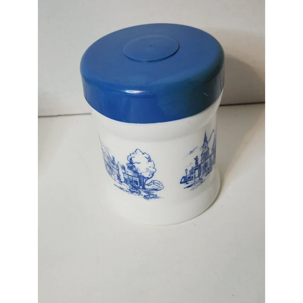 Vintage Paul Revere Milk Glass Canister with Plasitc Lid 6” High